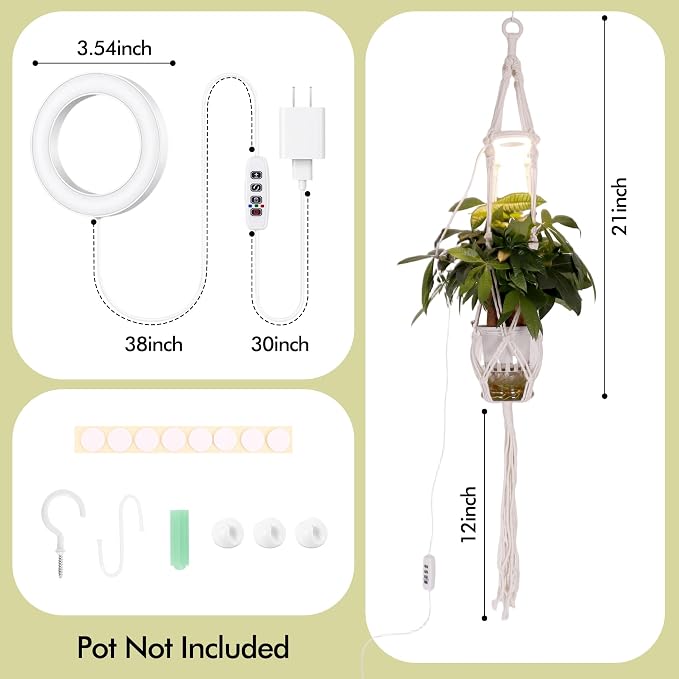 Hanging Plant Grow Lights for Indoor Plants with Timer | Wall Mounted Full Spectrum Pendant Growing Light with Macrame Plant Hanger, Ceiling LED Planta Luz for Potted Plants