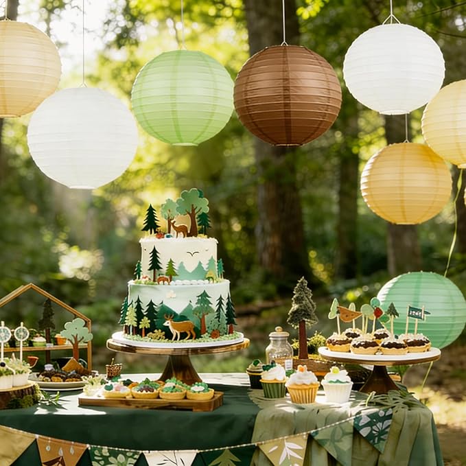 Earth-Tone Paper Lanterns Set (12 Pcs) - 6/8/10 Inch Hanging Lanterns for Jungle/Dinosaur/Rugby Parties, Birthdays & Home Decor（Teal, Coffee, Sage Green, Khaki, White）