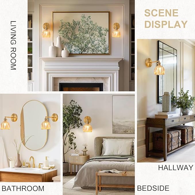 Hardwired Wall Sconce Light, Vintage Wall Sconce with Switch, Gold Wall Light Fixture with Tulip Amber Glass Lampshade, Indoor Wall Light for Bedroom Bathroom, Bedside Wall Lamp