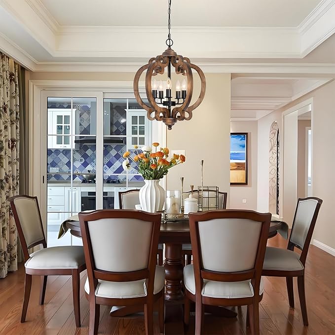 5-Light Rustic Farmhouse Chandelier, Wood Dining Room Light Fixture with Adjustable Chain, Easy Assembly for Kitchen Island, Bedroom, Entryway, Living Room