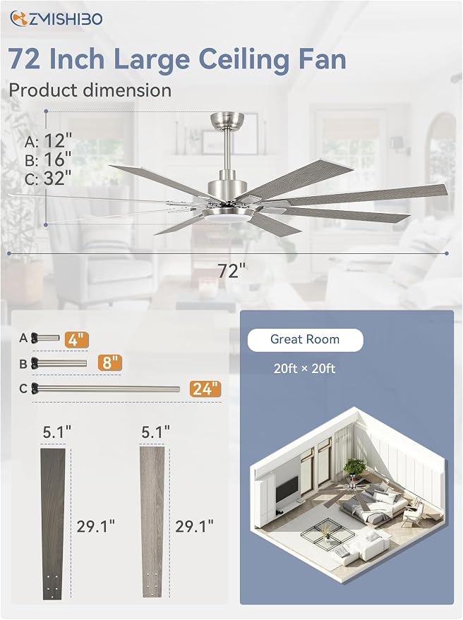 ZMISHIBO 72” Modern Ceiling Fan with Light, Remote Control, Brushed Nickel | High CFM Powerful Airflow, Quiet DC Motor, 24W 3 CCT LED, Indoor/Covered Outdoor, Dual-Finish, Damp Rated
