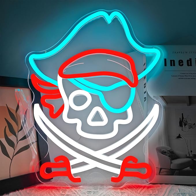 Pirate Neon Sign PirateLED Signs for Bedroom Kids Room Skull Neon Lights for Wall Decor Perfect Pirate Party Favors Retro Nautical Neon Wall Sign Light Up Sign Gift for Pirate Themed Party