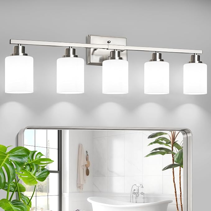 5-Light Bathroom Light Fixtures, Modern Brushed Nickel Vanity Light Over Mirror, Wall Sconces with Milky White Glass Shades for Living Room Bedroom Hallway E26 Base