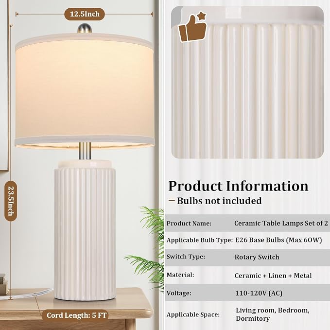 23.5" Cream Ceramic Table Lamps Set of 2, Modern Nightstand Lamps | Bedside Table Lamps with White Linen Shade, Ideal Size, Farmhouse Home Decor for Living Room Bedroom Office End Table Dorm