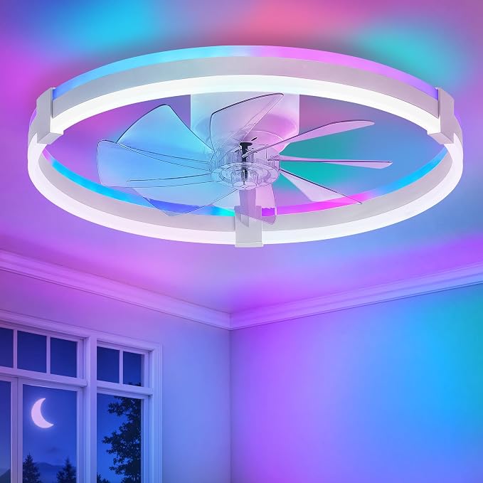 ZMISHIBO 23" RGB Low Profile Ceiling Fans with Lights and Remote, White | Custom RGB+3CCT Dimmable, 6 Speeds, Remote/App Control, Reversible DC Motor, Memory, Timer, Modern Fandelier for Kids/Bedroom