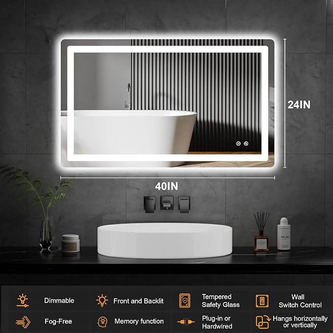 LED Bathroom Mirror with Lights, 24 x 40 Lighted Vanity Wall Mirror | Backlit and Frontlit, Anti-Fog, Dimmable 3 Colors, Shatter-Proof Tempered Glass, Memory Function, Plug-in/Hardwired