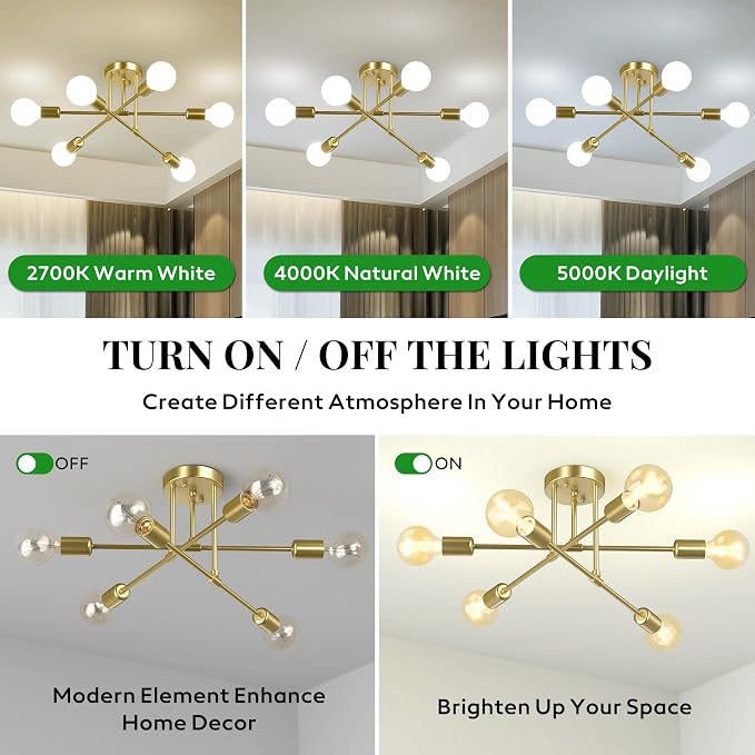 Modern Sputnik Chandelier Ceiling Light Fixtures, 6-Lights 22” Mid Century Industrial Metal Semi Flush Mount for Dining Room, Bedroom, Living Room-Brushed Gold