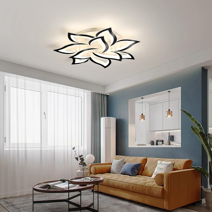 Garwarm 33.4" Modern LED Low Profile Flush Mount Ceiling Light, Dimmable | Black Flower Petal Ceiling Light with Remote, Acrylic, 3000K-6500K, Memory for Kitchen, Living Room, Bedroom, Dining Room
