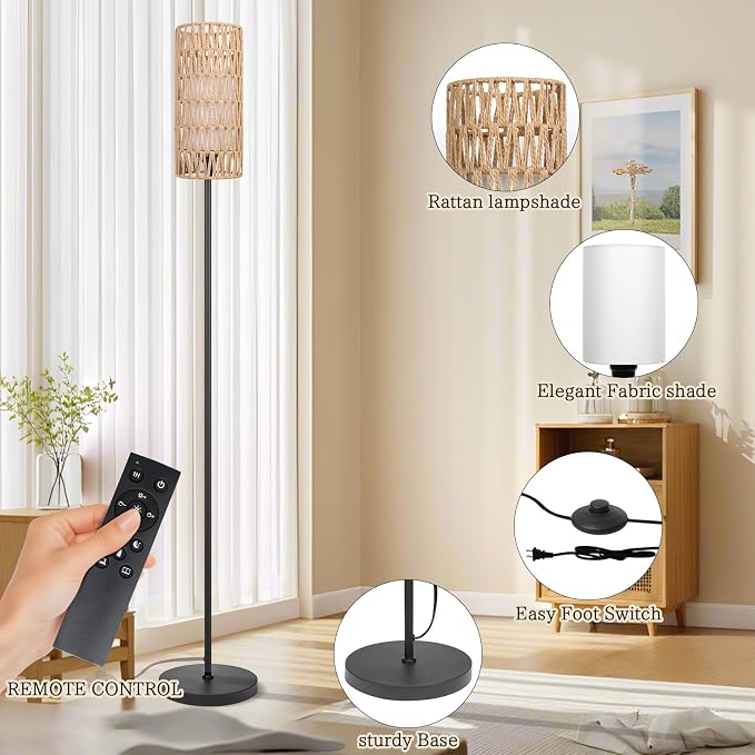 Ruiever Floor Lamp for Living Room,Farmhouse Floor lamp,Modern Standing lamp with Hand-Worked Rattan Shade (Double Shade-with Remote)