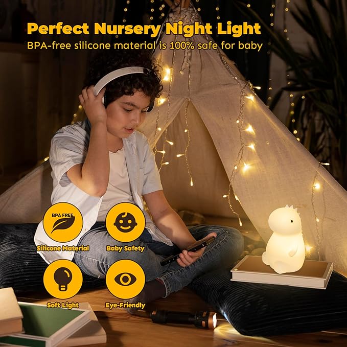 LED Squishy Animal Night Light - 2 Level Dimmable Nursery Lamp, Rechargeable Touch Lamp, Cute Dorm Decor, Small Boys Girls Gift (Little Dinosaur)
