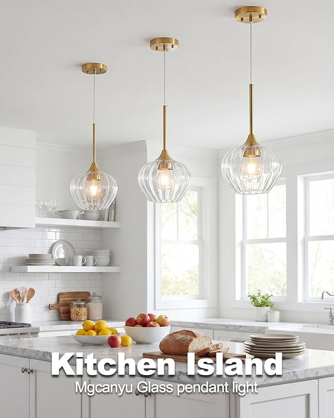 2-Pack Glass Pendant Lights Kitchen Island, 7.7" Modern Gold Pendant Lighting Adjustable Hanging Light Fixtures for Kitchen, Dining Room, Bathroom, Bedroom