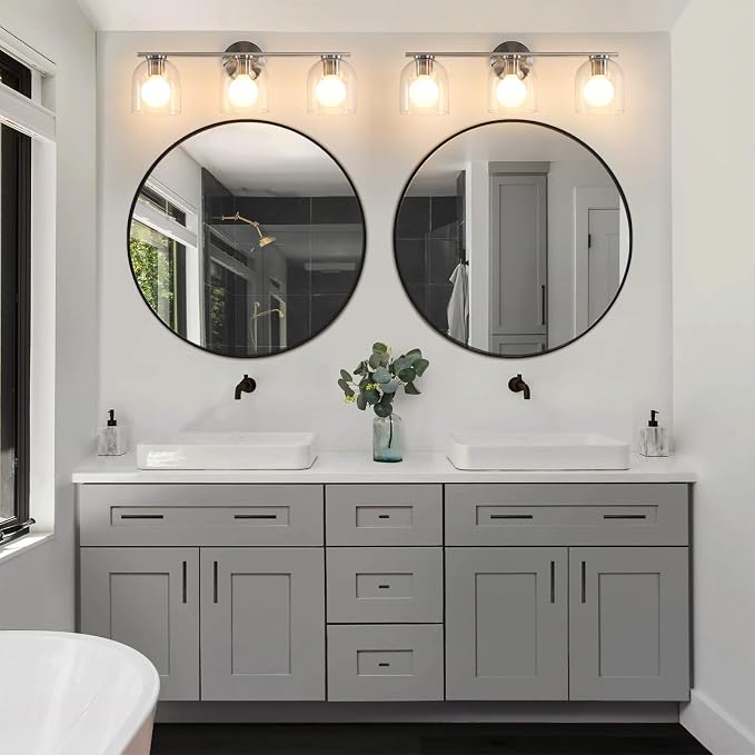 WOSHITU Bathroom Vanity Light Fixtures: 23.3 Inch Modern Brushed Nickel Bathroom Vanity Lights Over Mirror with Clear Glass Shade, 3-Light Farmhouse Vanity Lights Fixture