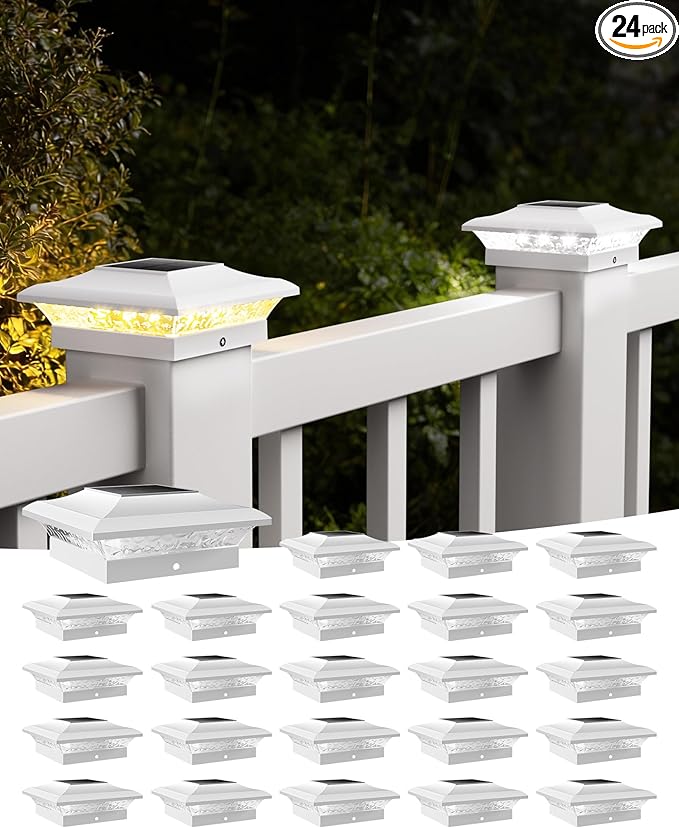 T-SUN 4x4 Post Cap Lights 24 Pack for Vinyl/Wooden Fence Auto Dusk to Dawn Outdoor Waterproof Warm & Cool White Solar Powered Deck/Patio Lighting