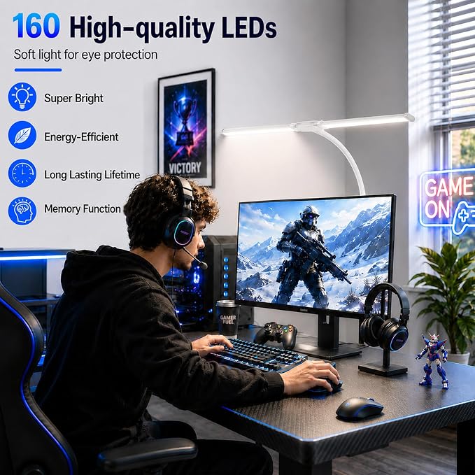 Desk Lamps for Home Office, Computer Light Bar, Double Head, White | Eye-Care Architect Light with Clamp, 3 Color Modes 10 Brightness, Adjustable for Reading, Study, Workbench