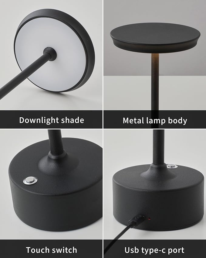 PUSU Rechargeable Table Lamps Set of 2, Black Cordless Portable Desk Lamp | 4000mAh Battery, Stepless Dimming & 3 Color 2700K-6000K, LED Lamp for Bedroom, Living Room, Restaurant, Outdoor, Night Light