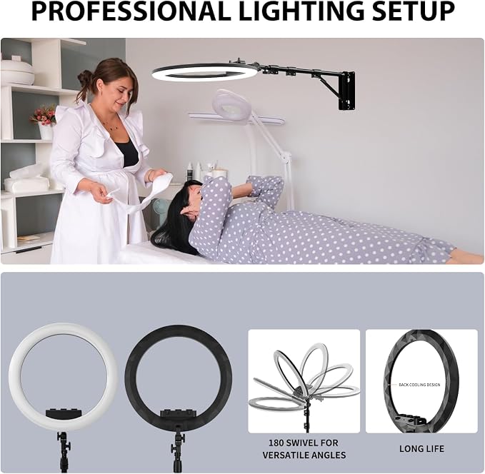 Ring Light Wall Mount with Phone Holder 19'', 45.7" Triangle Boom Arm | Rotatable Wall Mounted Light Stand for Photography Lighting Studio, Live Streaming, Salon, Barber Light, Beauty Tattoo Light