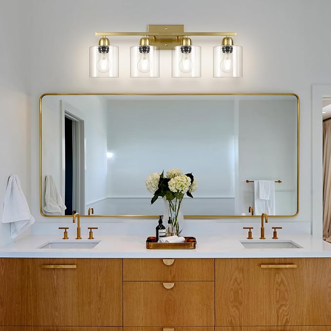 Modern Brushed Gold 4 Light Bathroom Light Fixtures, 24 inch Vanity Lights for Bathroom with Clear Glass, Bathroom Vanity Light for Mirror Kitchen Living Room Hallway Cabinet Porch