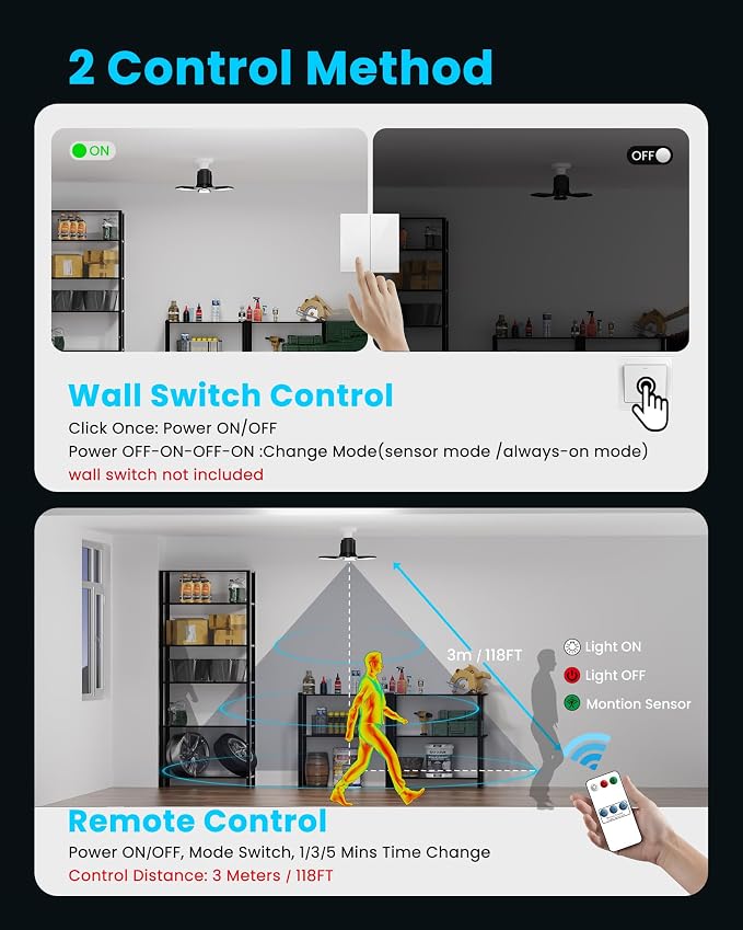 Motion Sensor Garage Lights, 80W, 8000LM, E26 Screw in, 2 Pack | Remote & Wall Switch Control, Deformable LED Panels, 6500K Daylight, 360° Detection for Workshop Warehouse