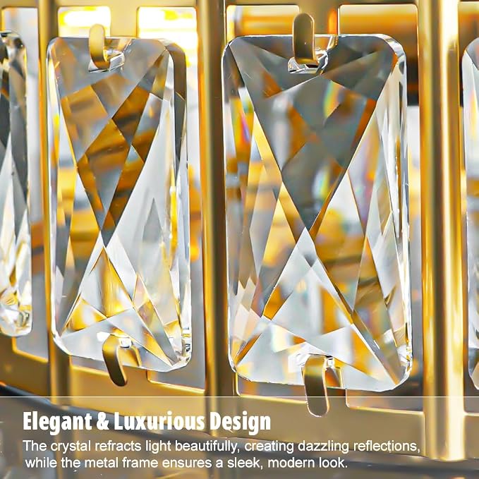 Brushed Gold Crystal Ceiling Light, Modern Semi Flush Mount Ceiling Lighting, Hallway Lighting Fixtures, Small Chandelier Light Fixture for Kitchen Entryway Bedroom Dining Room, 3-Light, 12 Inch