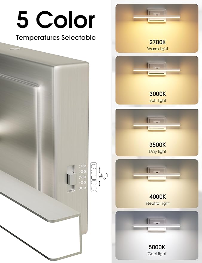 VOLISUN Modern Bathroom Vanity Light 15.7 inch, Rotatable, 12W Dimmable 5CCT Led Bathroom Light Fixture Over Mirror, Brushed Nickel Bar Vanity Light for Bathroom Mirror Restroom-ETL Certificated