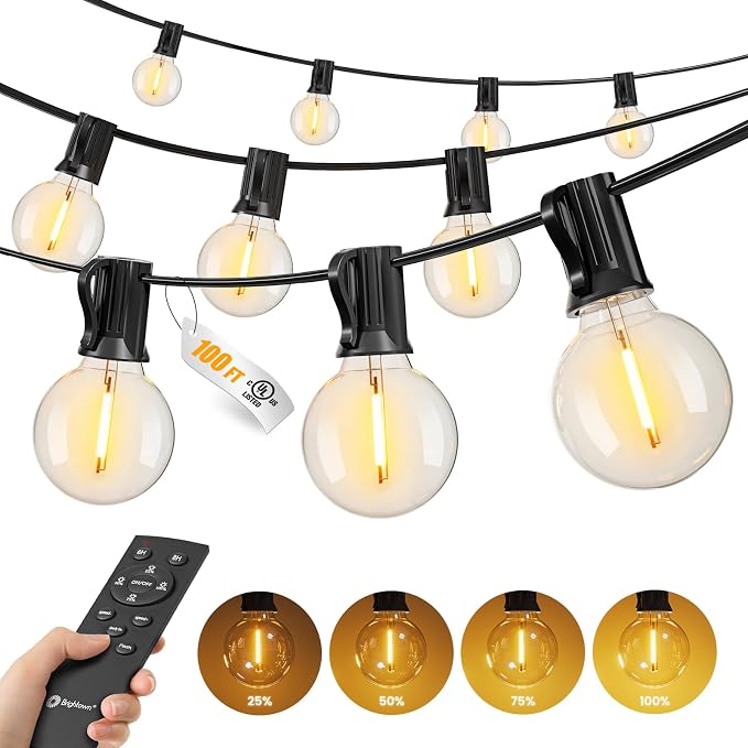 Brightown Outdoor String Lights, 100FT Shatterproof LED Patio Lights with 46 Dimmable Plastic G40 Bulbs, 2700K Waterproof Connectable Hanging String for Backyard, Cafe, Porch, Deck, Home Decor
