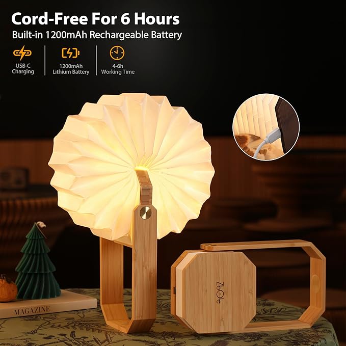 Foldable Japanese Style Lantern, 1200mAh Rechargeable, 4-6H Runtime, 2-in-1 Handheld & Table Lamp, Soft Warm Light, Outdoor Camping Travel Gear, Home Decor & Gift (Bamboo)
