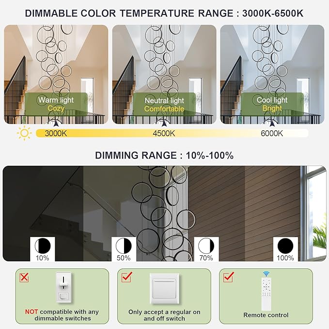 20 Ring High Ceiling Chandelier Foyer, Black Modern LED Large Staircase Long Chandeliers Light Fixture with Remote for Staircase Entryway Living Room Dining Room(118in, 3000K-6500K)