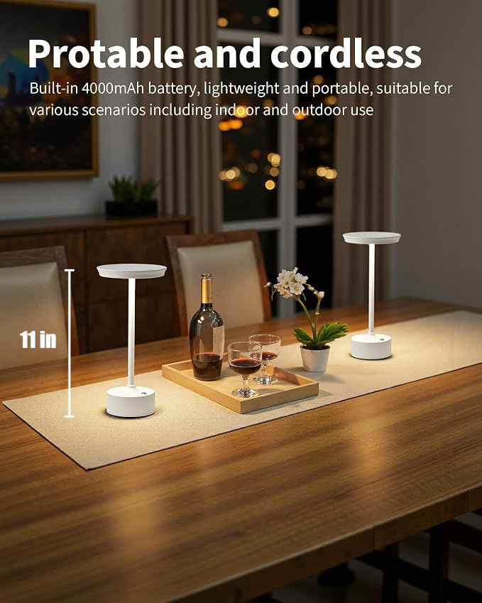 PUSU Rechargeable Table Lamps Set of 2, White Cordless Portable Desk Lamp | 4000mAh Battery, Stepless Dimming & 3 Color 2700K-6000K, LED Lamp for Bedroom, Living Room, Restaurant, Outdoor, Night Light