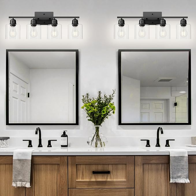 Modern 4 Light Bathroom Light Fixtures, 24 inch Black Vanity Lights for Bathroom with Clear Glass, Bathroom Vanity Light for Mirror Kitchen Living Room Hallway Cabinet Porch
