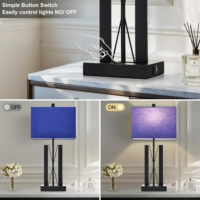 Lolikit 25" Table Lamps for Living Room Set of 2, Bedside Lamps for Bedroom | 2 USB Charging Ports,Blue and Black,Geometric Industrial Contemporary,2 LED Bulbs Shade Included,Nightstand,End Table
