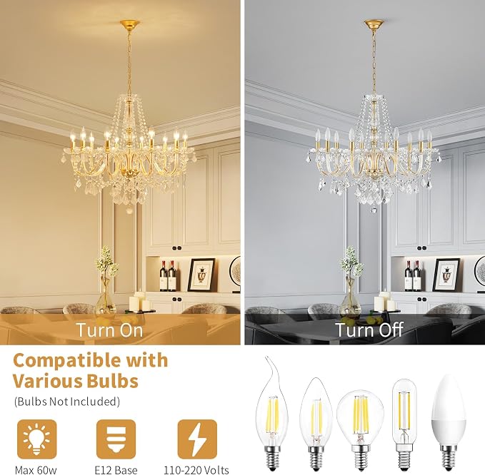 Large Crystal Chandelier, Modern Gold Crystal Chandeliers for Dining Room Light Fixture, 10-Lights Large Gold Pendant Light Fixtures Luxury Chandelier for Living Room Bedroom Foyer Entryway D26.8''