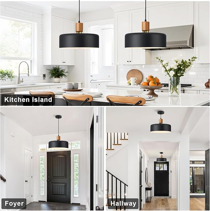 15.8" Black Pendant Light, Large Oversized Walnut Oak Wood & Brass Drum Shade