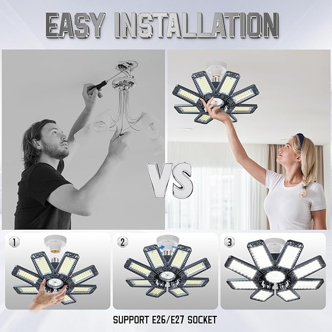 Garage Light 6 Pack 220W, 22000LM LED Lights for Garage with 8+1 Deformable Panels 6500K Screw in LED Shop Lighting for Workshop, Basement Support E26/E27