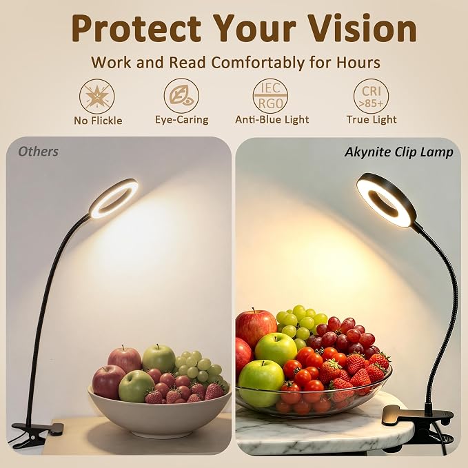 Akynite Desk Lamp Clip on Light, 48 LED Clamp Lamp, 5 Color 10 Brightness | USB Powered with Adapter, 360° Flexible Gooseneck, Eye Protection, Reading Book Lights Clamp on for Bed Home Office Study