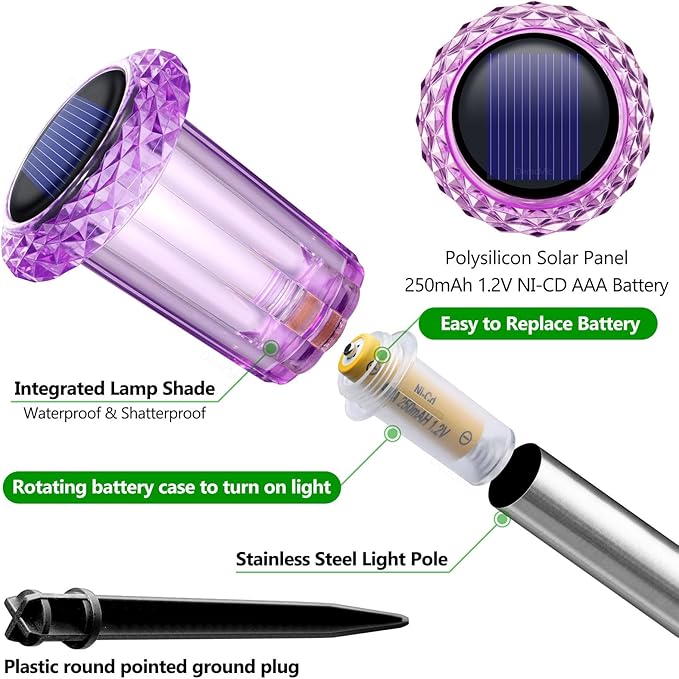 DenicMic Solar Halloween Lights Outdoor 15 Pack Purple LED Halloween Decor | Yard Garden Pathway Walkway Driveway Landscape Spike Style Starburst Light Pattern, IP65 Waterproof, Acrylic/Stainless Steel