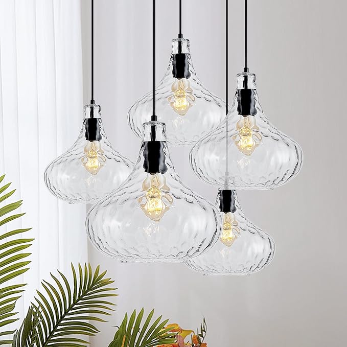 11 Inch Hammered Glass Pendant Light Black Farmhouse Ceiling Lamp | Diffuse soft lighting, adjustable hanging cord, E26 base, perfect decorative fixture over sink kitchen island & dining space