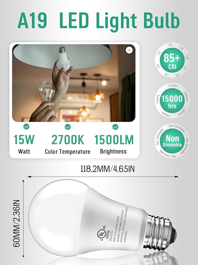 6 Pack LED Light Bulbs 100 Watt Equivalent, A19 15W 5000K Daylight, Super Bright White Light 1500 Lumens, E26 Standard No Flicker Energy Saving Lamp Bulb for Home, Bedroom, Office, Non-Dimmable