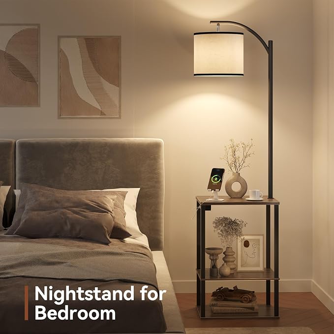 SUNMORY Floor Lamp with Table Shelves, End Side Table for Living Room | USB & AC Charging Stations, 3 Color Temperature 9W LED Bulb, Adjustable Shade, Modern Nightstand Lamps for Bedroom Office