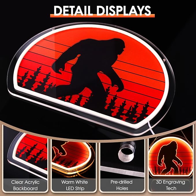 Bigfoot Neon Sign, Bright USB Powered Sasquatch Neon Lights Sign and Unique UV Printed Funny Big Foot Sasquatch Gifts for Men Cave Women Adults Kids Bigfoot Lovers Wall Art Decors