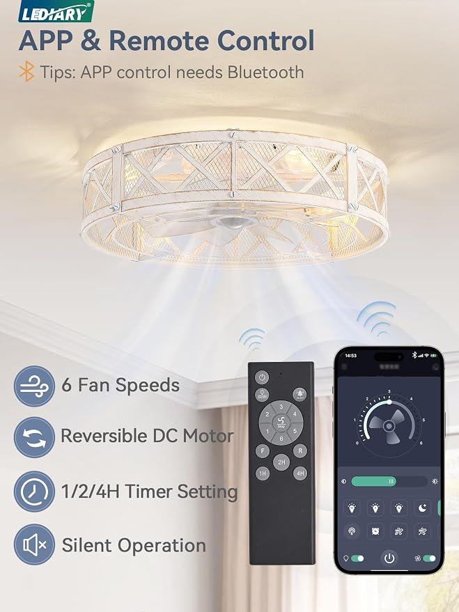 LEDIARY 23" Caged Farmhouse Ceiling Fan with Light, Flush Mount, White Gold | Remote&APP Control, Large Low Profile, Rustic Fandaliers, Industrial Bladeless Enclosed, Powerful Motor for Bedroom, Kitchen