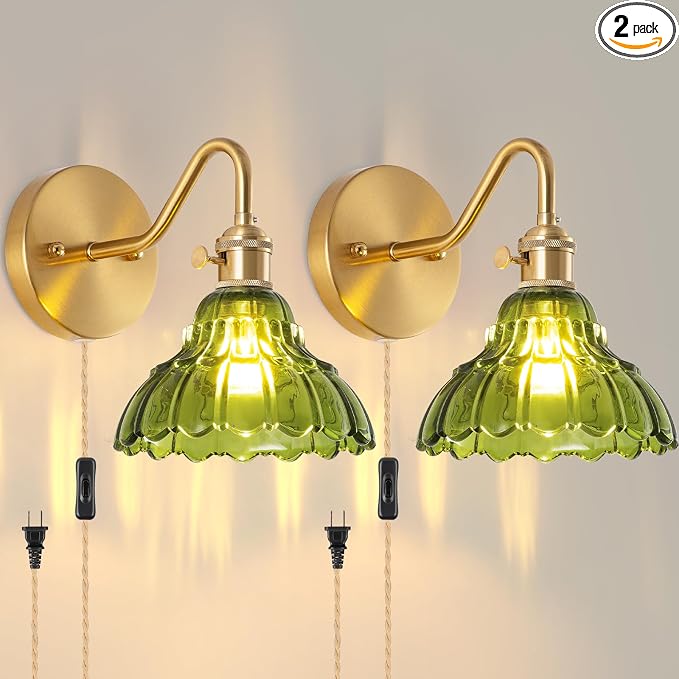 Plug-in Wall Sconce (Set of 2), Vintage Wall Decorative Lamp with Green Glass Shade, Indoor Brass Plug-in Wall Sconce for Bedroom, Living Room, Bathroom, Hallway