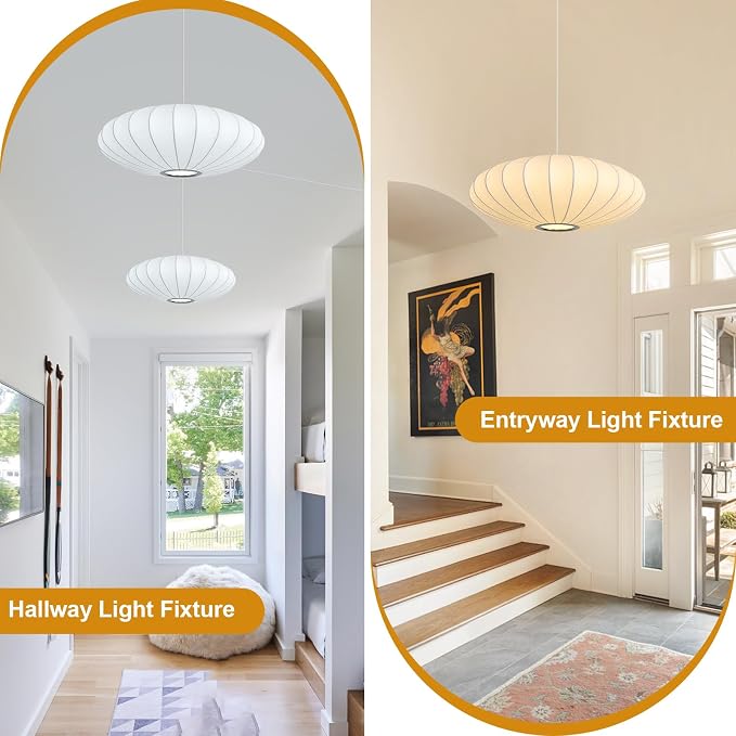 20in Plug in Pendant Light Lantern, White Imitation Silk 3-Light | Plug in Hanging Lamp Wabi Sabi Japanese Bubble Saucer Pendant Chandelier for Living Dinning Room Kitchen Island Bedroom 1PK