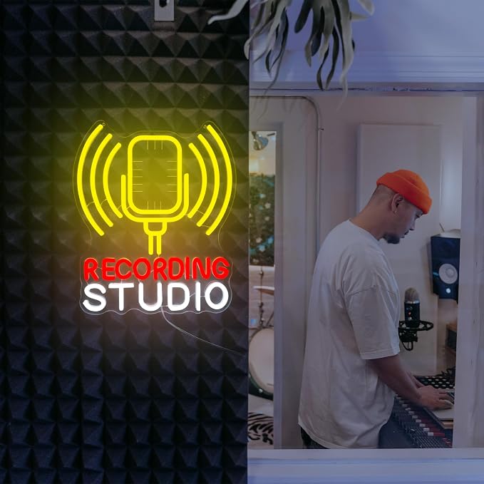 Recording Studio Neon Sign Microphone LED Light for Music Room Decor, Vintage Mic Wall Art for Home Studio Podcast Room, Singer Musician Gifts, Karaoke Bar Wall Decoration(12.2 * 14.5inch)