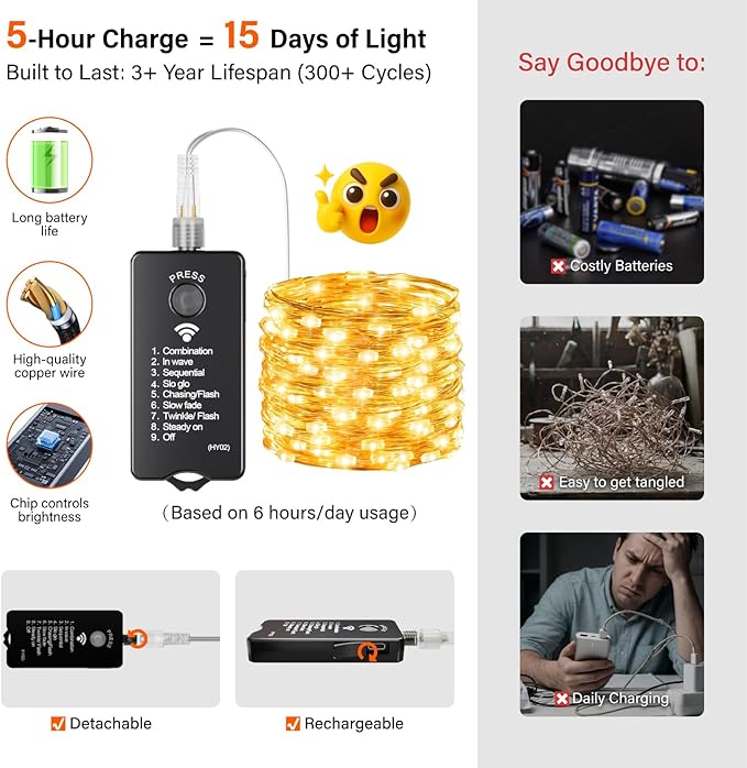 ZSJWL Rechargeable Fairy Lights with Remote，33ft 100 LED Outdoor Battery String Lights with DIY Timer & Light Sensor, Waterproof Dimmable Twinkle Light for Tree Christmas Indoor, Warm White