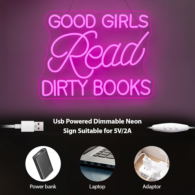 LED Neon Sign for Wall Decor Good Girls Read Dirty Books Neon Light USB Powered Dimmable for Home Book Party Gift Bedroom Book Lover Home Library