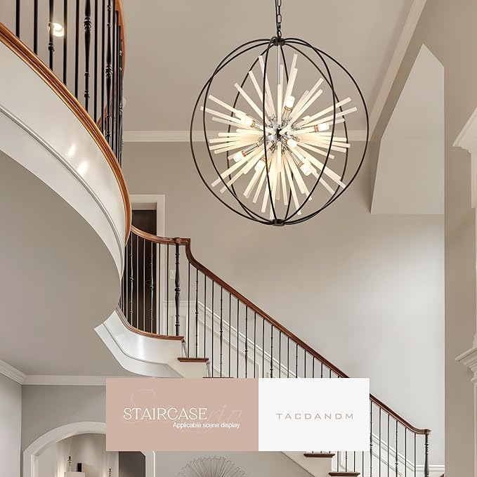 31.5" Black Chrome Large Globe Sputnik Chandelier, 16-Light Mid Century Modern Glass Tube Satellite Light Fixture for High Ceiling Living Room Dining Room Entryway Stairway, E12