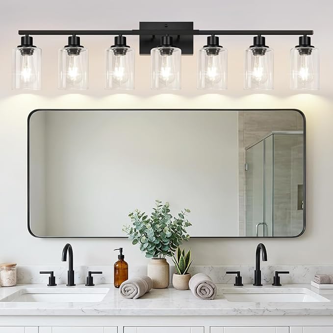 Indoi 7-Light Bathroom Light Fixtures, Matte Black Modern Vanity Lights with Clear Glass Shades, Bathroom Wall Lamp for Mirror Living Room Cabinet Bedroom Porch
