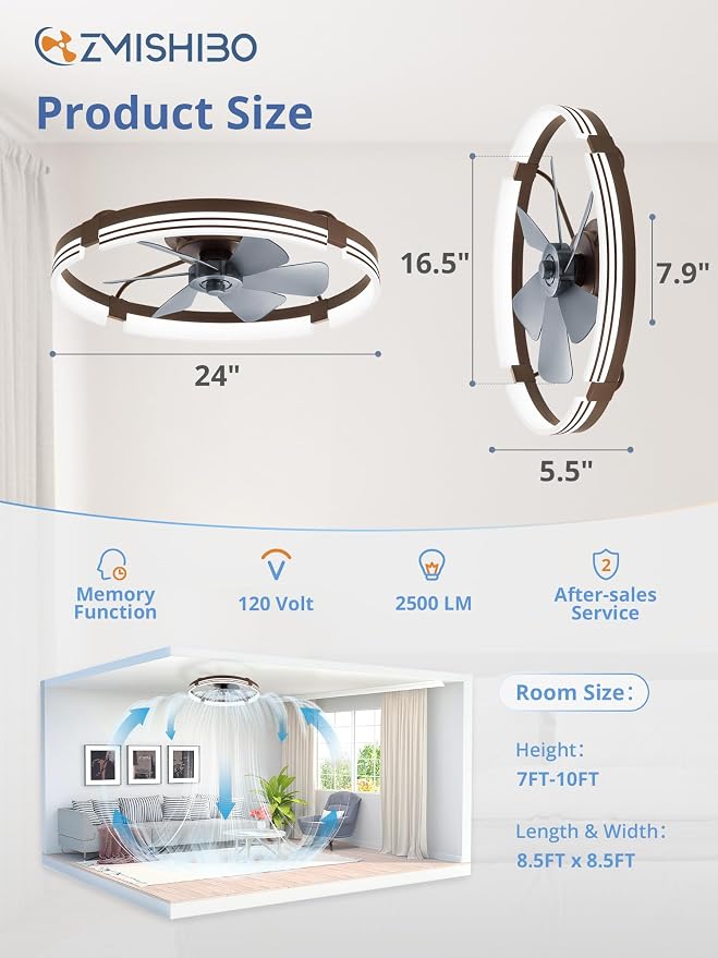 ZMISHIBO Low Profile Ceiling Fans with Lights and Remote, 24" Brown | 3000K-6000K Dimmable Fandelier LED, Flush Mount, 6 Wind Speeds, Reversible, Timer, Bedroom, Living Room, Kitchen, Kids Room