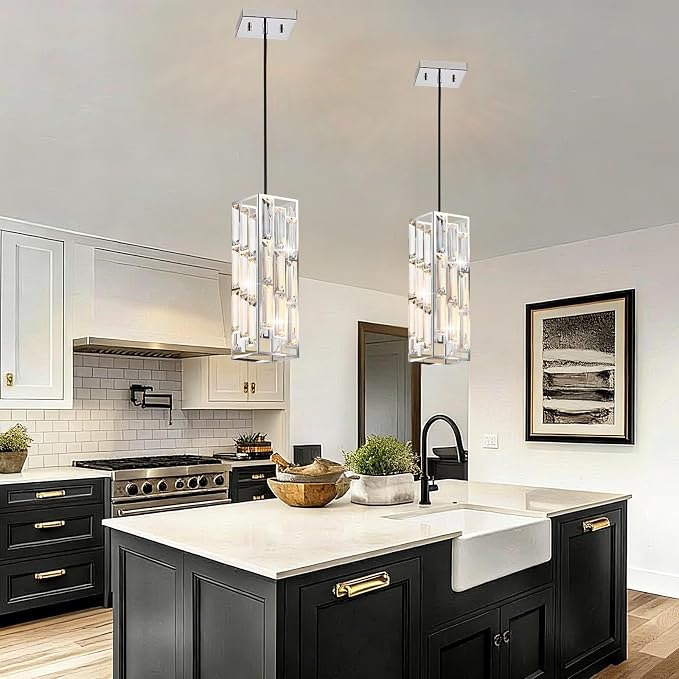 Chrome Pendant Lights, Modern Pendant Light Kitchen Island, 2 Pack Mini Crystal Chandeliers for Dining Room Bedroom Foyer Hallway