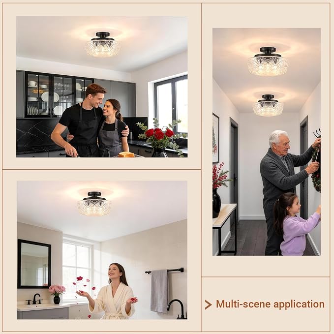 Daunton 3 Light Semi Flush Mount Ceiling Light Fixtures, Matte Black Hallway Light Fixtures with Thickened Glass, Vintage Ceiling Light Fixture for Bedroom Closet Entryway Bathroom Kitchen, E26*3